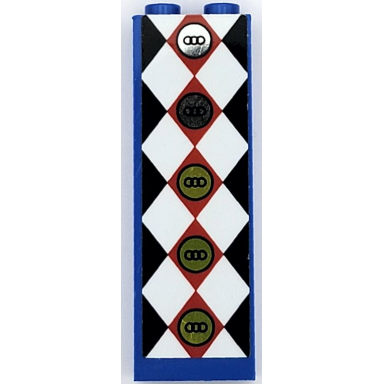 blue brick 1 x 2 x 5 with silver and gold circles with rings and black red and white diamonds pattern sticker - set 41236