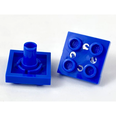blue plate modified 2 x 2 with pin on bottom small holes in plate and locking fingers on underside