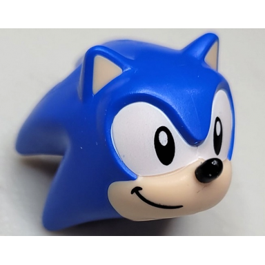 blue minifigure head modified hedgehog sonic with molded light nougat face and inner ears and printed black eyes on white background black nose and grin to right pattern
