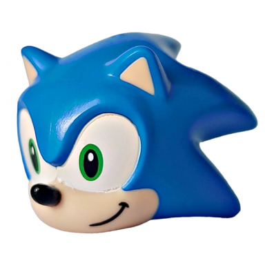 blue minifigure head modified hedgehog sonic with molded light nougat face and inner ears and printed bright green eyes on white background black nose and grin to left pattern