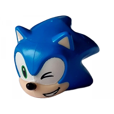 blue minifigure head modified hedgehog sonic with molded light nougat face and inner ears and printed bright green eye right and wink left on white background black nose and open mouth smile with teeth to left pattern