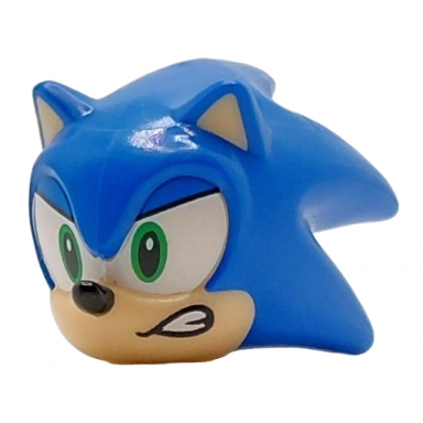 blue minifigure head modified hedgehog sonic with molded light nougat face and inner ears and printed bright green eyes on white background blue eyelids black nose and open mouth smirk with teeth to left pattern