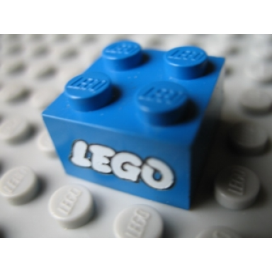 blue brick 2 x 2 with lego logo open o style white with black outline pattern