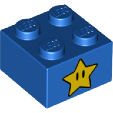 blue brick 2 x 2 with yellow star with black eyes pattern on two sides