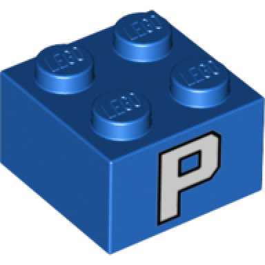 blue brick 2 x 2 with white letter p pattern on two sides