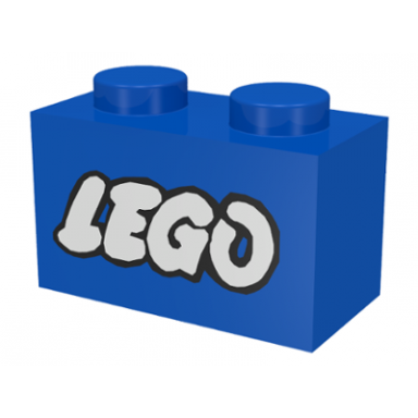 blue brick 1 x 2 with lego logo open o style white with black outline pattern