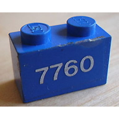 blue brick 1 x 2 with white 7760 pattern sticker - set 7760