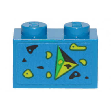 blue brick 1 x 2 with black green and lime splotches and triangle pointing right pattern sticker - set 70839