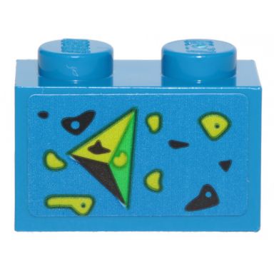 blue brick 1 x 2 with black green and lime splotches and triangle pointing left pattern sticker - set 70839
