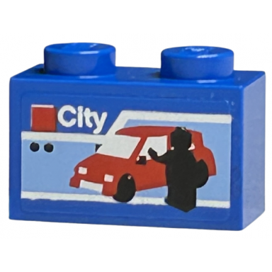 blue brick 1 x 2 with lego city set box art red car and black minifigure silhouette pattern sticker - sets 40145 40305 and gear 40359
