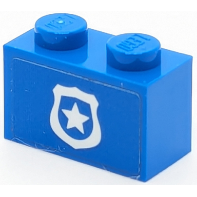 blue brick 1 x 2 with white police badge with star pattern sticker - set 40347