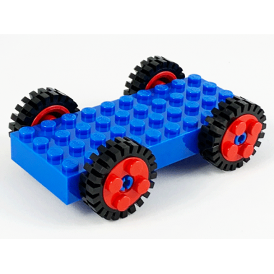 blue brick modified 4 x 10 with 4 pins with 4 red wheel freestyle with technic pin hole and 4 black tire 24mm d x 8mm offset tread - interior ridges 30076 6248 3483