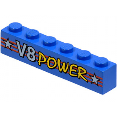 blue brick 1 x 6 with white and yellow v8 power and stars on red stripes pattern