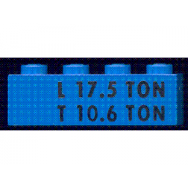 blue brick 1 x 4 with black l 17.5 ton and t 10.6 ton pattern