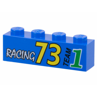 blue brick 1 x 4 with white racing yellow 73 black team and green number 1 pattern