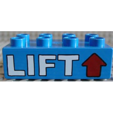 blue duplo brick 2 x 4 with lift and red arrow pattern