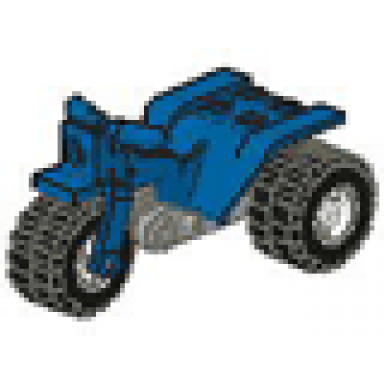 blue tricycle with dark gray chassis and white wheels - round holes on rear wheels