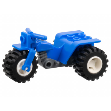 blue tricycle with dark bluish gray chassis and white wheels - notched holes on rear wheels