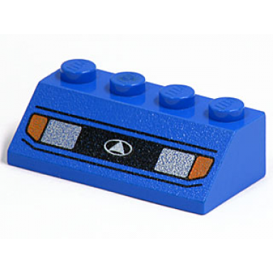 blue slope 45 2 x 4 with silver car headlights orange signal lights black grille with white triangle in oval logo pattern