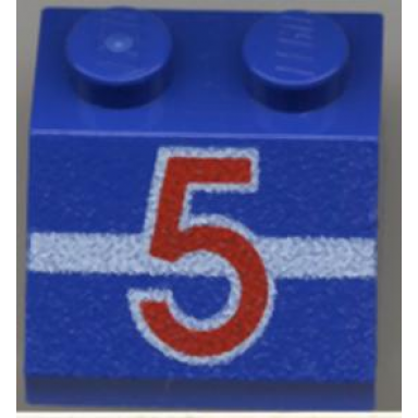 blue slope 45 2 x 2 with red number 5 and white stripe pattern