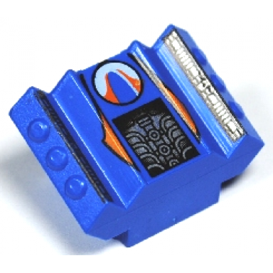 brick modified 2 x 2 no studs sloped with angled side block extensions with surfer circle logo machinery on black background orange stripes pattern