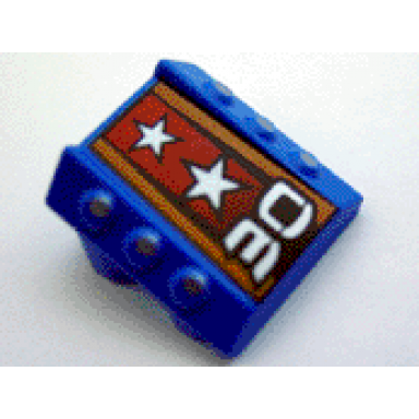 blue brick modified 2 x 2 no studs sloped with 6 side pistons raised with white 30 and silver stars on faded orange and red stripes pattern