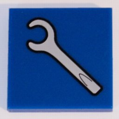 blue tile 2 x 2 with white spanner wrench screwdriver pattern