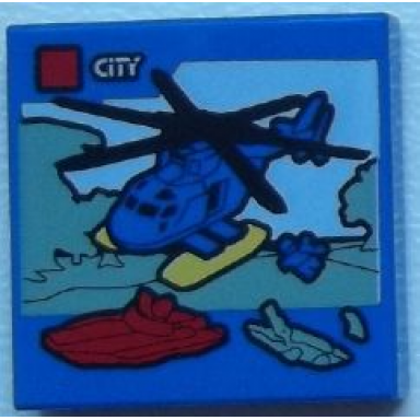 blue tile 2 x 2 with lego city set box art helicopter red boat and sand green alligator crocodile pattern