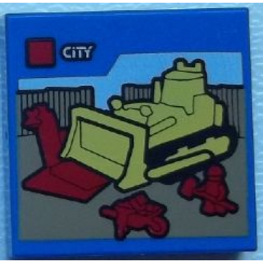 blue tile 2 x 2 with lego city set box art yellow bulldozer red wheelbarrow and construction worker minifigure pattern