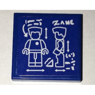 blue tile 2 x 2 with minifigure blueprint and zane pattern sticker - set 70594