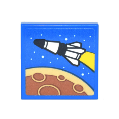 blue tile 2 x 2 with black and white spaceship white stars tan and medium nougat planet with craters pattern sticker - set 10293