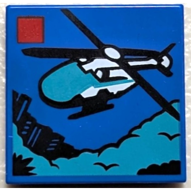 blue tile 2 x 2 with lego city set 60405 emergency rescue helicopter box art pattern