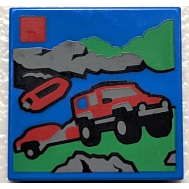 blue tile 2 x 2 with lego city set 60412 4x4 fire truck with rescue boat box art pattern