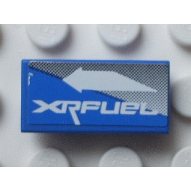 blue tile 1 x 2 with white arrow left and xrfuel on blue and gray pattern sticker - set 8662
