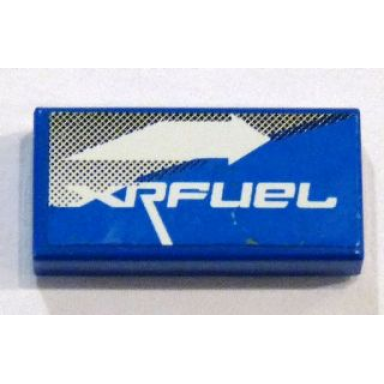 blue tile 1 x 2 with white arrow right and xrfuel on blue and gray pattern sticker - set 8662