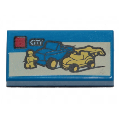 blue tile 1 x 2 with lego dune buggy transporter and city set box pattern