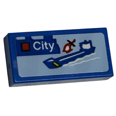 blue tile 1 x 2 with lego city set box art blue cargo ship and red helicopter pattern sticker - sets 40528 40574
