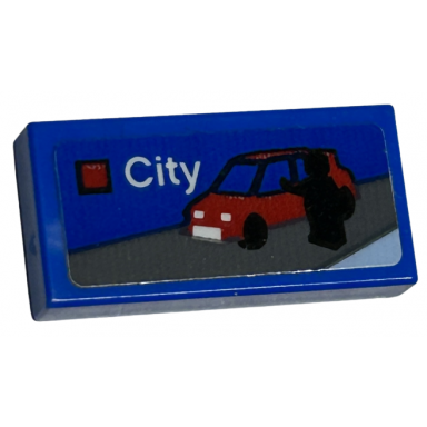 blue tile 1 x 2 with lego city set box art black minifigure silhouette and red car with blue side windows pattern sticker - set 40528