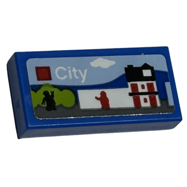 blue tile 1 x 2 with lego city set box art black and red minifigure silhouettes and white house pattern sticker - sets 40528 40574