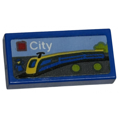 blue tile 1 x 2 with lego city set box art blue and yellow train pattern sticker - set 40574