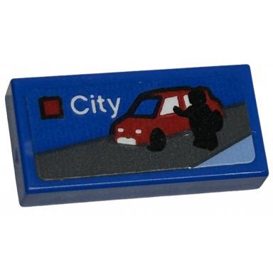 blue tile 1 x 2 with lego city set box art black minifigure silhouette and red car with white side windows pattern sticker - set 40574