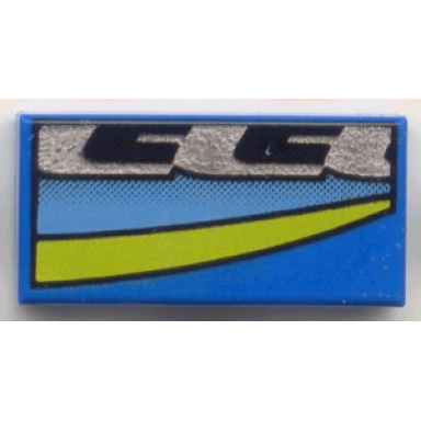 blue tile 1 x 2 with medium blue black silver and yellow stripes pattern model left side
