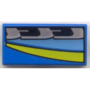 blue tile 1 x 2 with medium blue black silver and yellow stripes pattern model right side