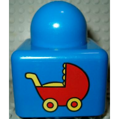 blue primo brick 1 x 1 with red baby carriage pattern