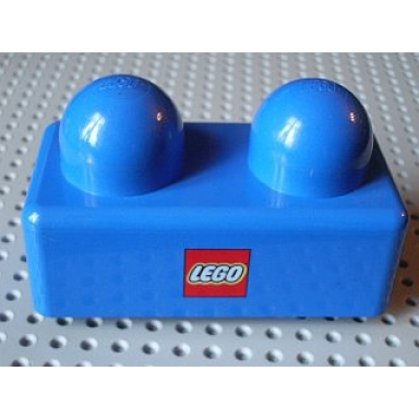 blue primo brick 1 x 2 with lego logo pattern