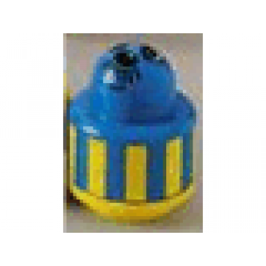 blue primo brick round rattle 1 x 1 with face with moustache and yellow stripes pattern