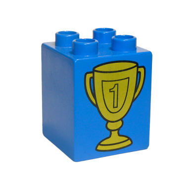 blue duplo brick 2 x 2 x 2 with trophy cup number 1 in shield pattern