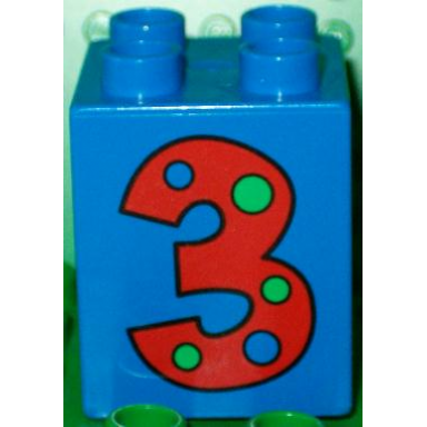 blue duplo brick 2 x 2 x 2 with number 3 with polka dots pattern
