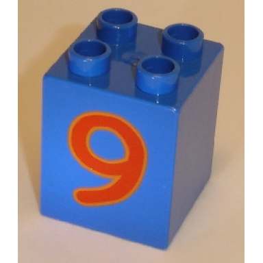 blue duplo brick 2 x 2 x 2 with number 9 red pattern