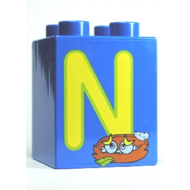 blue duplo brick 2 x 2 x 2 with letter n and nest pattern